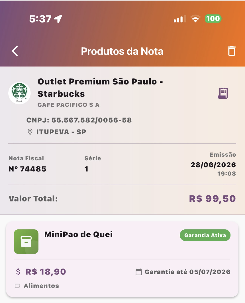 Tela do RDVOK exibindo produtos de uma nota fiscal com loja, CNPJ, valor e itens categorizados